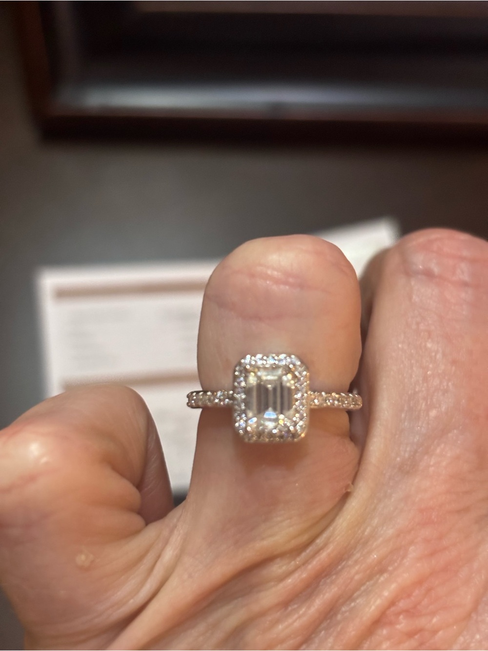 Sterling silver Moissanite Halo Emerald-Cut Diamond Engagement Ring